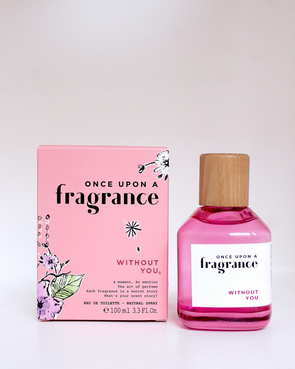 Pack shot of WITHOUT YOU by Once Upon a Fragrance, highlighting a premium, long-lasting French perfume with cherry, floral, and amber-musk notes.