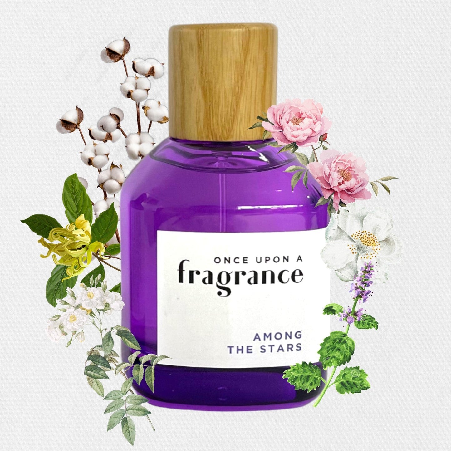 AMONG THE STARS fragrance bottle by Once Upon a Fragrance, featuring a purple bottle with a wooden cap, surrounded by an array of colorful flowers and greenery, highlighting a premium, long-lasting French perfume with floral and musky notes.